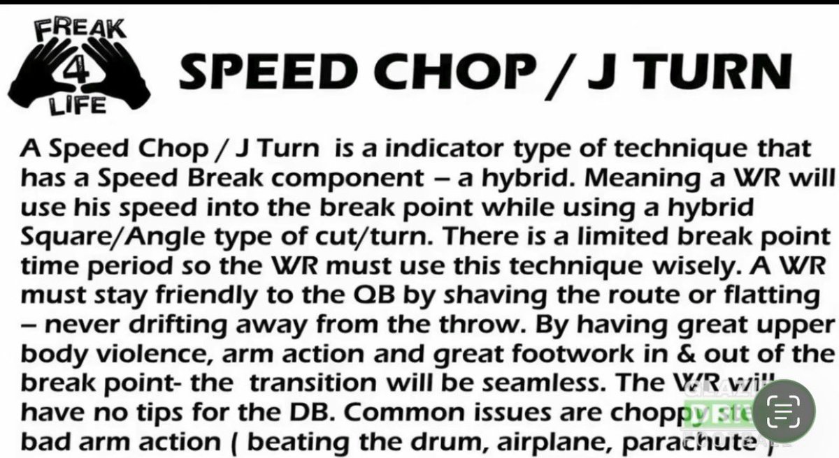 JordanGush's tweet photo. OG WR coach Gunter Brewer here talking… 

Speed Chop / J Turn

@GunterBrewer 

“is an indicator type of technique that has a Speed Break component - a hybrid. Meaning a WR will use his speed into the break point while using a hybrid Square/Angle type of cut/turn.” https://t.co/KwIsVZZ3uY