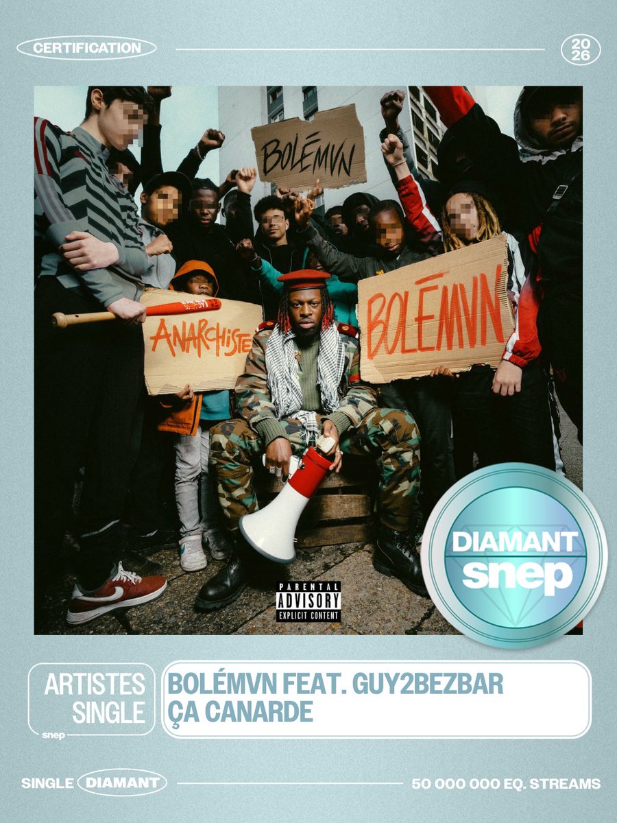 snep's tweet photo. Le titre « Ça canarde » de Bolémvn feat. Guy2Bezbar est certifié Single Diamant ! 💎

50 000 000 équivalents streams 🎧

Bravo ! 👏 https://t.co/dkdDw4BWqM