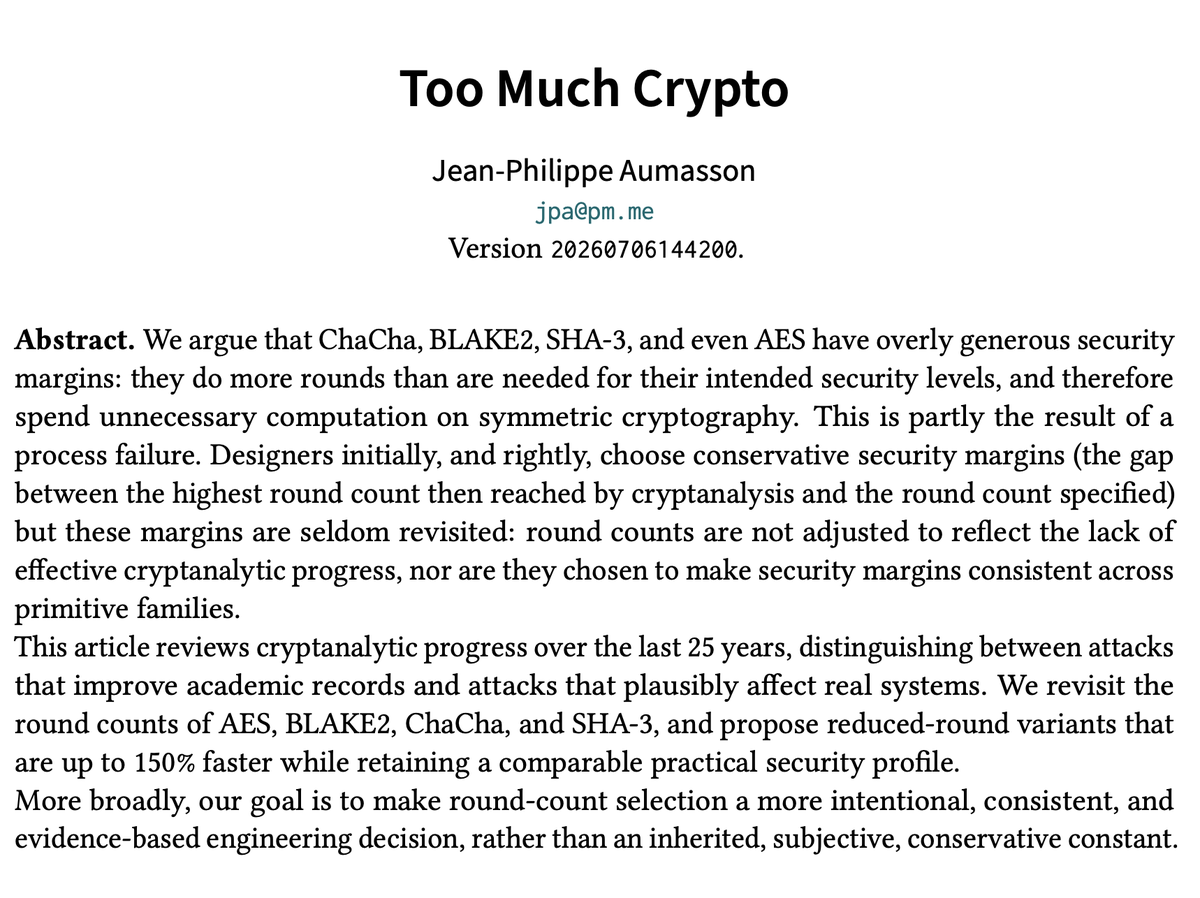 veorq's tweet photo. updated Too Much Crypto https://t.co/CCEdDLu8AU 
the new conclusion says what changed since 2019 wrt AES BLAKE2 ChaCha SHA3; also updated the QC part
spoiler: the core claims still hold, and BLAKE3 proves it 
thks @zooko https://t.co/iCJSv608J0