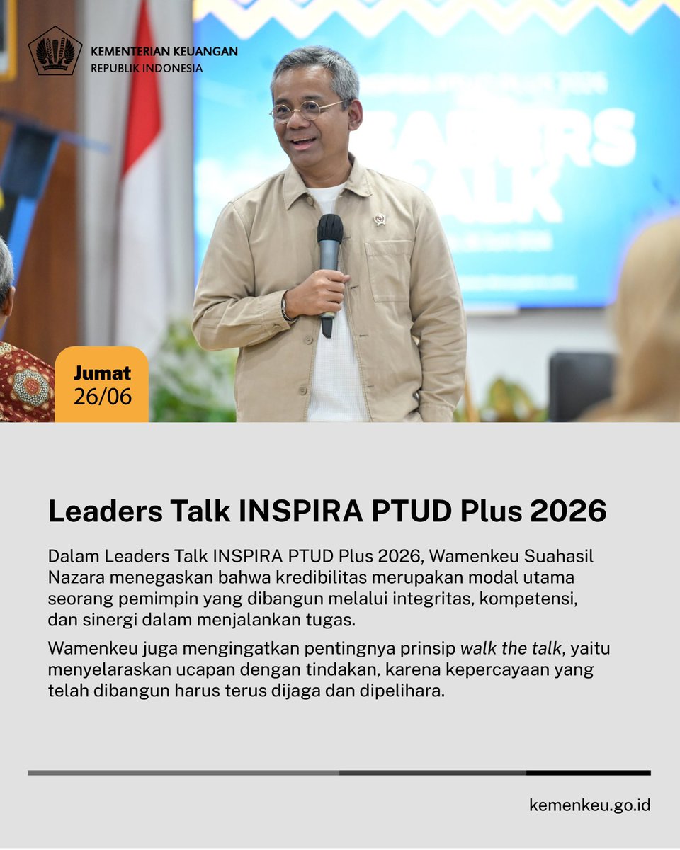 KemenkeuRI's tweet photo. Dari pelantikan pejabat di lingkungan Kemenkeu, raker bersama @DPR_RI hingga kuliah umum di @undip

Simak rangkuman agenda Menkeu dan Wamenkeu di #KemenkeuSepekan periode 26 Juni - 5 Juli 2026 (1/4) https://t.co/paN7z1dclE