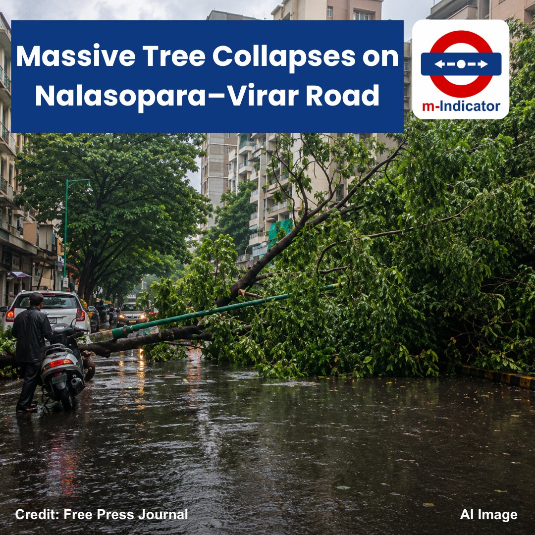 m_indicator_app's tweet photo. A massive tree collapsed near Saraswati Tower on the Nalasopara–Virar 90 Feet Road at around 10:30 AM on July 6 amid heavy rain and strong winds, blocking traffic.
#VasaiVirarRains #TreeCollapse #mIndicator
https://t.co/RXh24fcuPm
Credit: Free Press Journal https://t.co/u8egHbAjyt