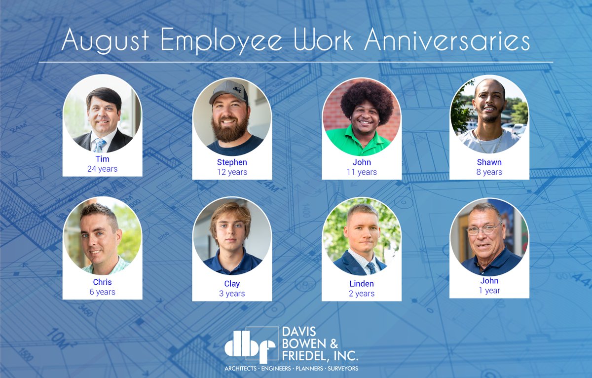 DBFINC83's tweet photo. Celebrating 8 DBF work anniversaries this August - from 24 years to year one!  Thank you all for your dedication and the great work you bring to our team every day. #TeamDBF #WorkAnniversary https://t.co/krdG1fcp8O
