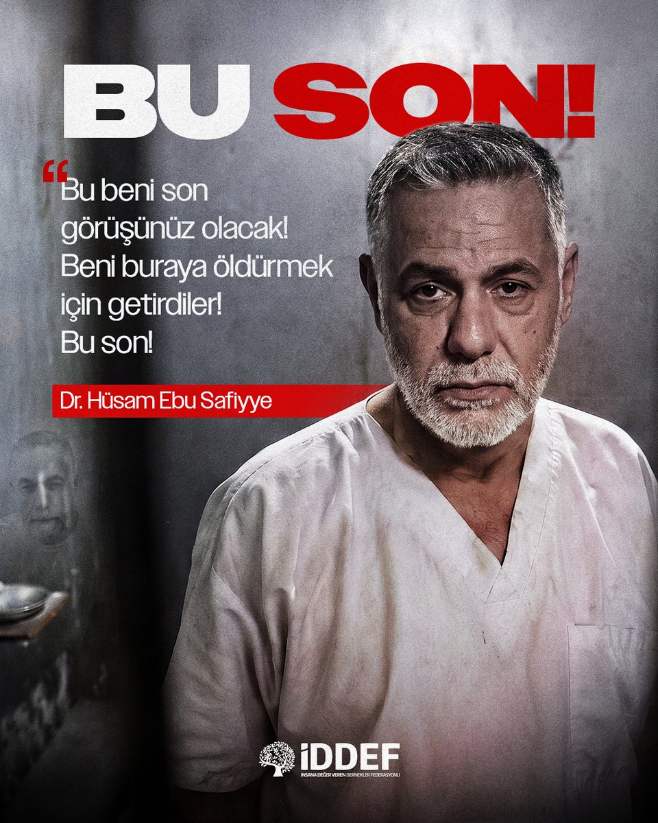 iddef's tweet photo. ❝Bu beni son görüşünüz olacak! Beni buraya öldürmek için getirdiler! Bu son!❞
Dr. Hüsam Ebu Safiye

Gazze'nin kuzeyindeki Kemal Advan Hastanesi'nin başhekimi Dr. Hüsam Ebu Safiye, beyaz önlüğüyle tanklara doğru yürüdüğü görüntülerle hafızalara kazındı.

2024 yılında hastaneye düzenlenen saldırının ardından esir alınan Dr. Ebu Safiye, 556 gündür özgürlüğünden mahrum bırakılıyor.

Saldırılar boyunca hastalarını terk etmedi. Oğlunu şehit verdi, kendisi yaralandı; buna rağmen görevini bırakmadı.

#GazzeİçinSeferberOl
🔁 Yeniden paylaş, zulmü duyur.