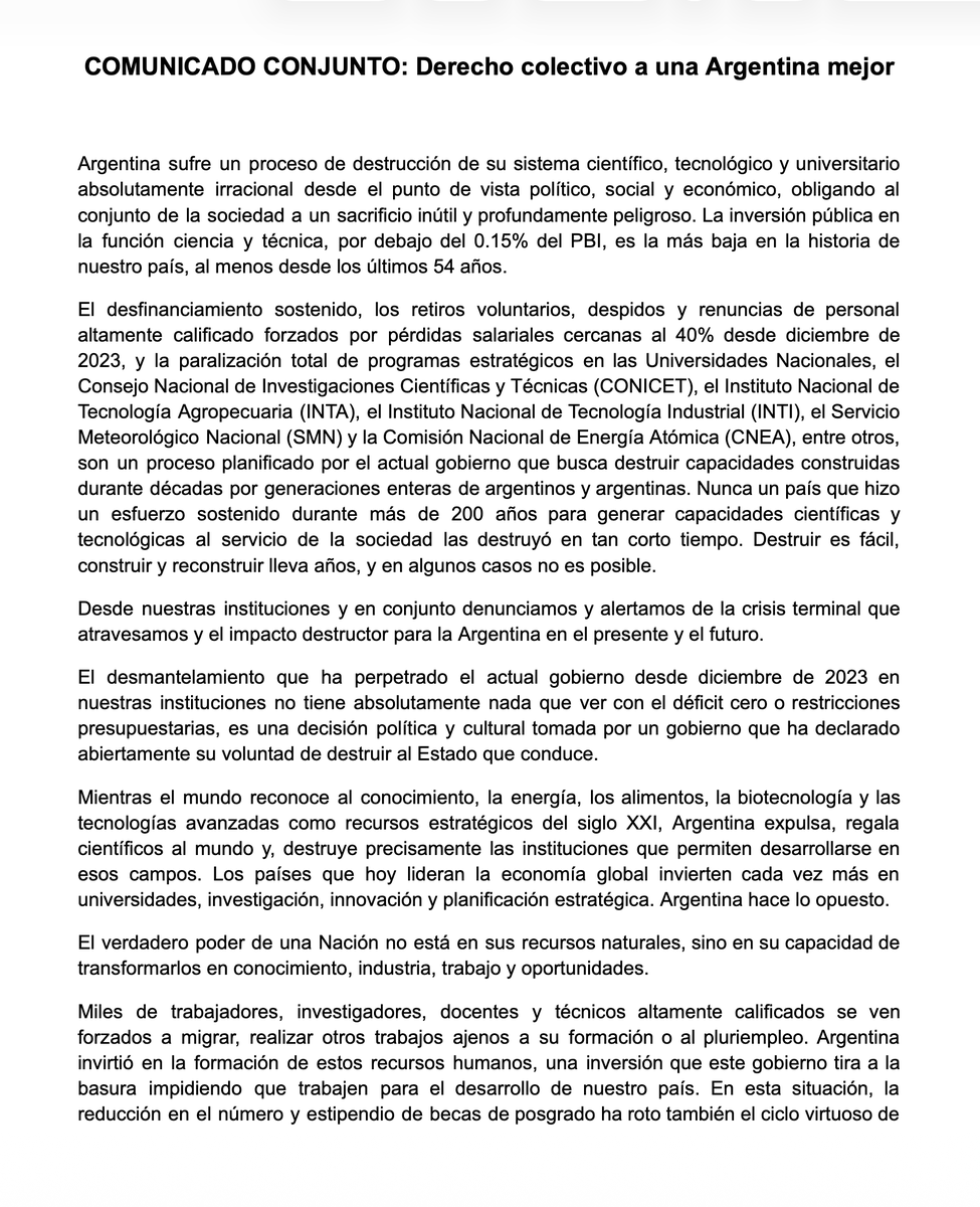 norabar's tweet photo. ¡Buen lunes! Hoy 🌥️⛅️🌤️ 13° de máx.
Desgarrador comunicado de trabajadores del Conicet, INTI, INTA, SMN, CNEA: "Argentina sufre la destrucción de su sistema científico, tecnológico y universitario absolutamente irracional desde el punto de vista político, social y económico" 👇 https://t.co/qV4kQ1L4U3