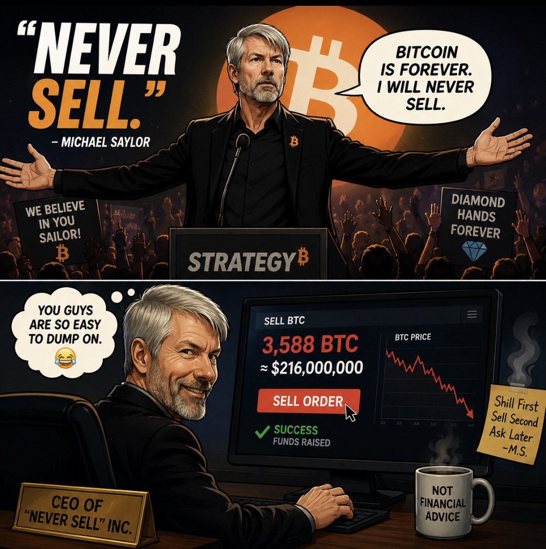 XMaximist's tweet photo. “Never sell.”

Proceeds to sell.

Crypto really is the only place where someone can preach diamond hands on Monday and file an SEC disclosure by Tuesday.

To be fair, Strategy wasn’t dumping everything. The company sold 3,588 BTC (around $216M) to replenish dollar reserves and fund preferred stock obligations, while still holding over 843,000 BTC. (https://t.co/pzUP5Gtix1⁠)

Still… the memes write themselves.

“Never sell” 🤝 “Terms and conditions apply.”