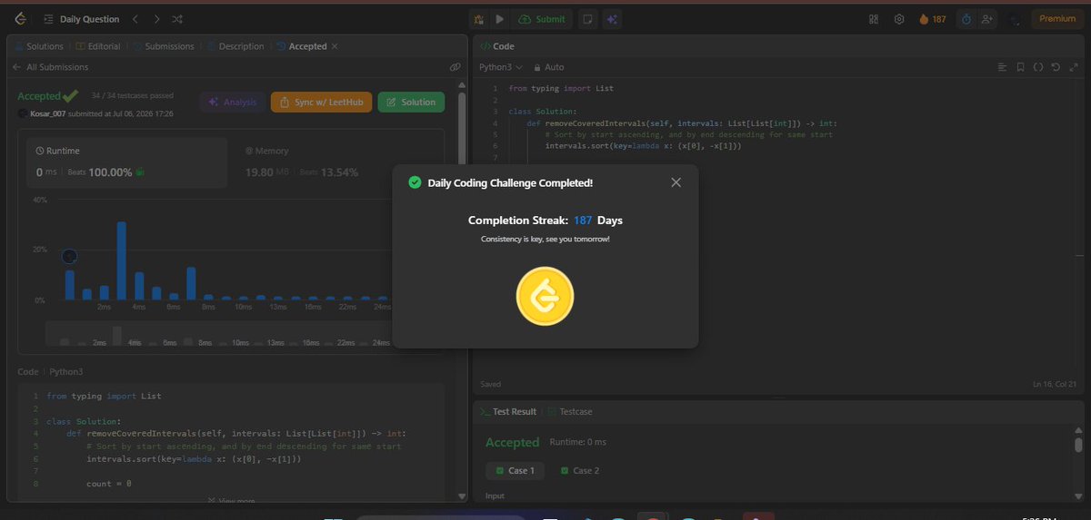 KosarBibi639's tweet photo. LeetCode 1288 – Remove Covered Intervals | Day 187
Sort by start asc, end desc. Keep if current end > max_end_seen. Count uncovered intervals. O(n log n). #LeetCode #Intervals #Greedy https://t.co/pFIxajzY6u