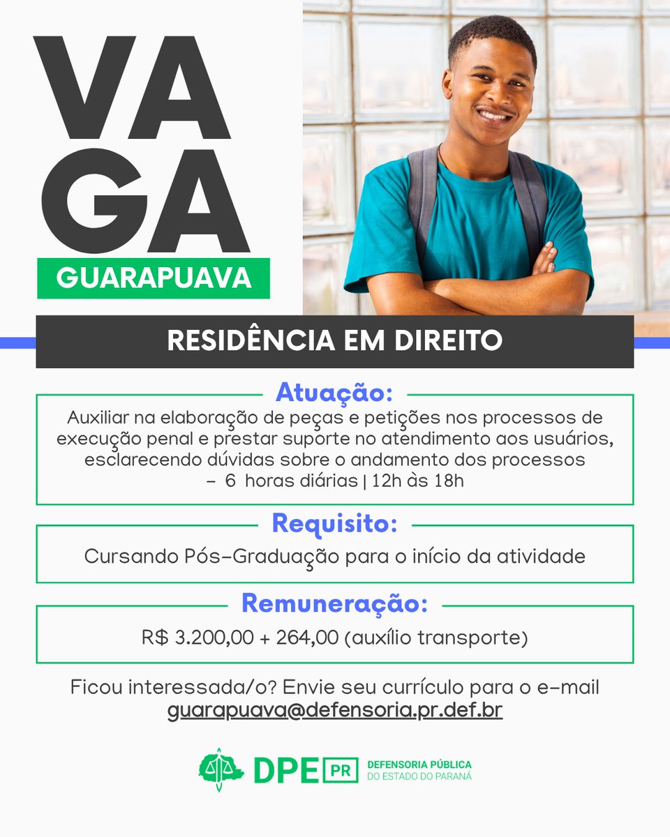 Defensoria_PR's tweet photo. VAGA 📚               

A DPE-PR abre vaga para residente em Guarapuava para atuar na área de Execução Penal. https://t.co/T82GBZcPSi