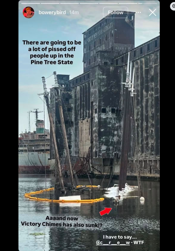 SteveRob's tweet photo. A great metaphor for Mamdani's NYC: The Victory Chimes schooner sank over Independence Day weekend.

Victory Chimes was a 126-year-old three-masted ship that became a Maine icon (featured on the state quarter). 

It was sold to some New Yorkers to become a restaurant in 2023. https://t.co/H02ENqlgk5