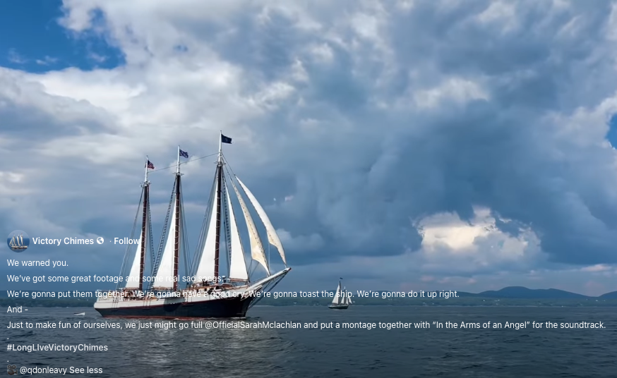 SteveRob's tweet photo. A great metaphor for Mamdani's NYC: The Victory Chimes schooner sank over Independence Day weekend.

Victory Chimes was a 126-year-old three-masted ship that became a Maine icon (featured on the state quarter). 

It was sold to some New Yorkers to become a restaurant in 2023. https://t.co/H02ENqlgk5