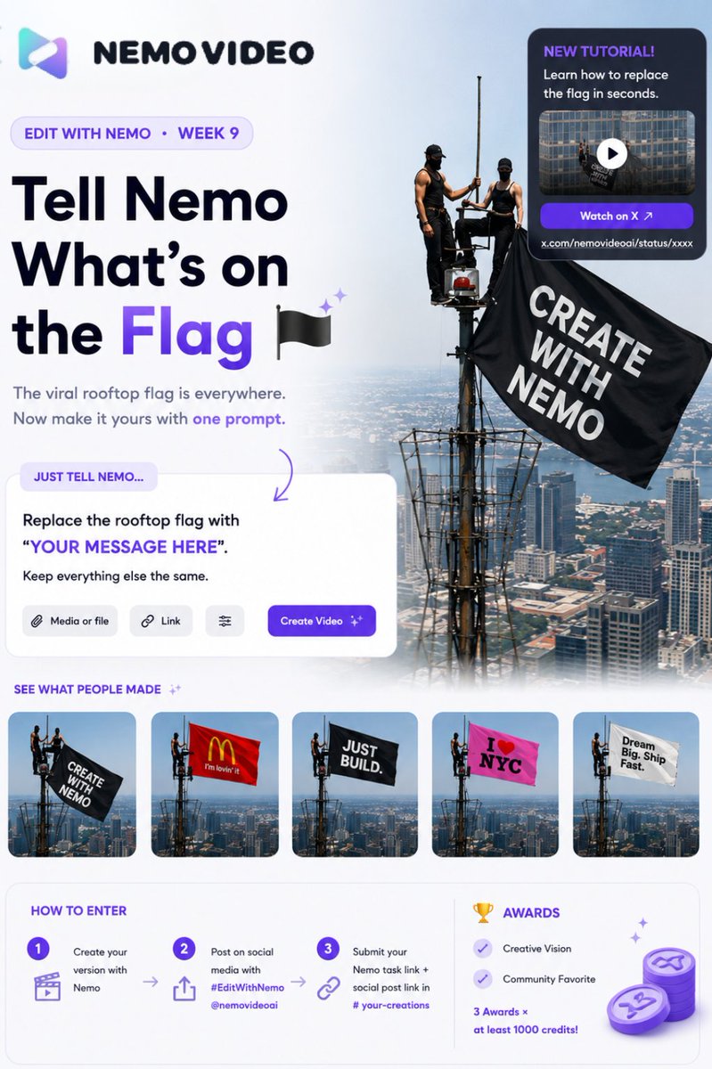 nemovideoai's tweet photo. The viral rooftop flag is everywhere. Now make it yours with one prompt.
π #EditWithNemo Week 9 is LIVE
3 winners β 1,000 credits each + exclusive perks
Think you've got what it takes? Here's how:
1οΈβ£ Post your version on social media with #EditWithNemo and @nemovideoai
2οΈβ£ Drop your link in our Discord β https://t.co/v4R5ShJS8N (your-creations)
Let's see what you put on the flag. π©