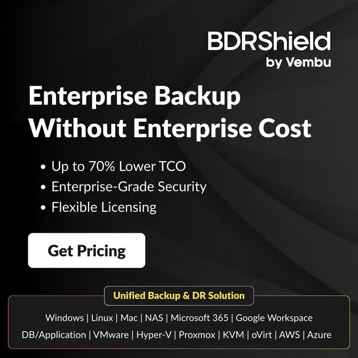 vembutech's tweet photo. Reduce backup costs without sacrificing security or recovery performance. BDRShield delivers enterprise-grade Windows Server protection at a fraction of legacy pricing.
Learn more: https://t.co/CJ4DaY6wT0
#EnterpriseBackup #DataProtection #MSP #ManagedServiceProviders
#CyberResilience #BDRShield #Vembu