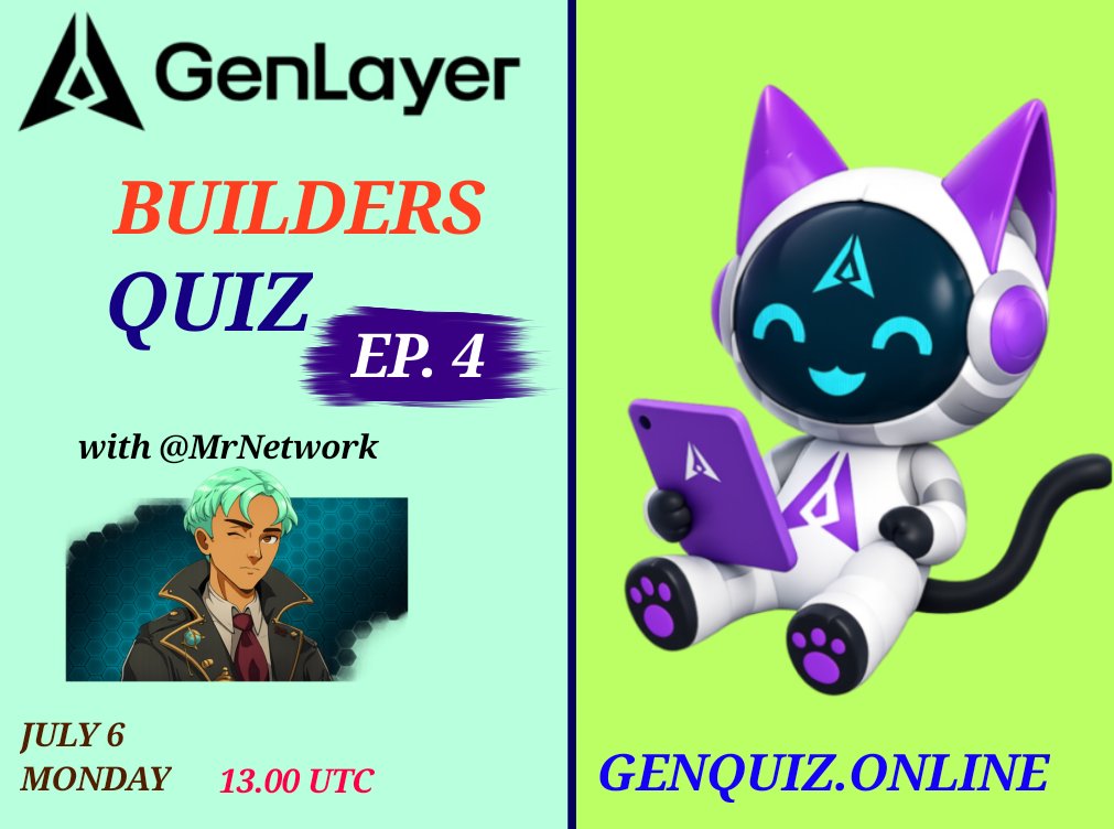 CryptoShubham's tweet photo. Builders Quiz Ep. 4 is almost here!

Time to put your GenLayer knowledge to the test and compete with fellow builders.

📅 Monday, July 6
⏰ 13:00 UTC
🎙️ Hosted by @encrypt_wizard 
Quiz code will be shared in the GenLayer Discord (games-hub) before the event starts.
 https://t.co/VrK93Yg4dZ

Whether you're just getting started or have been exploring the ecosystem for a while, it's a great chance to learn something new, challenge yourself, and earn XP.

I'll be there see you at the quiz! 

@GenLayer