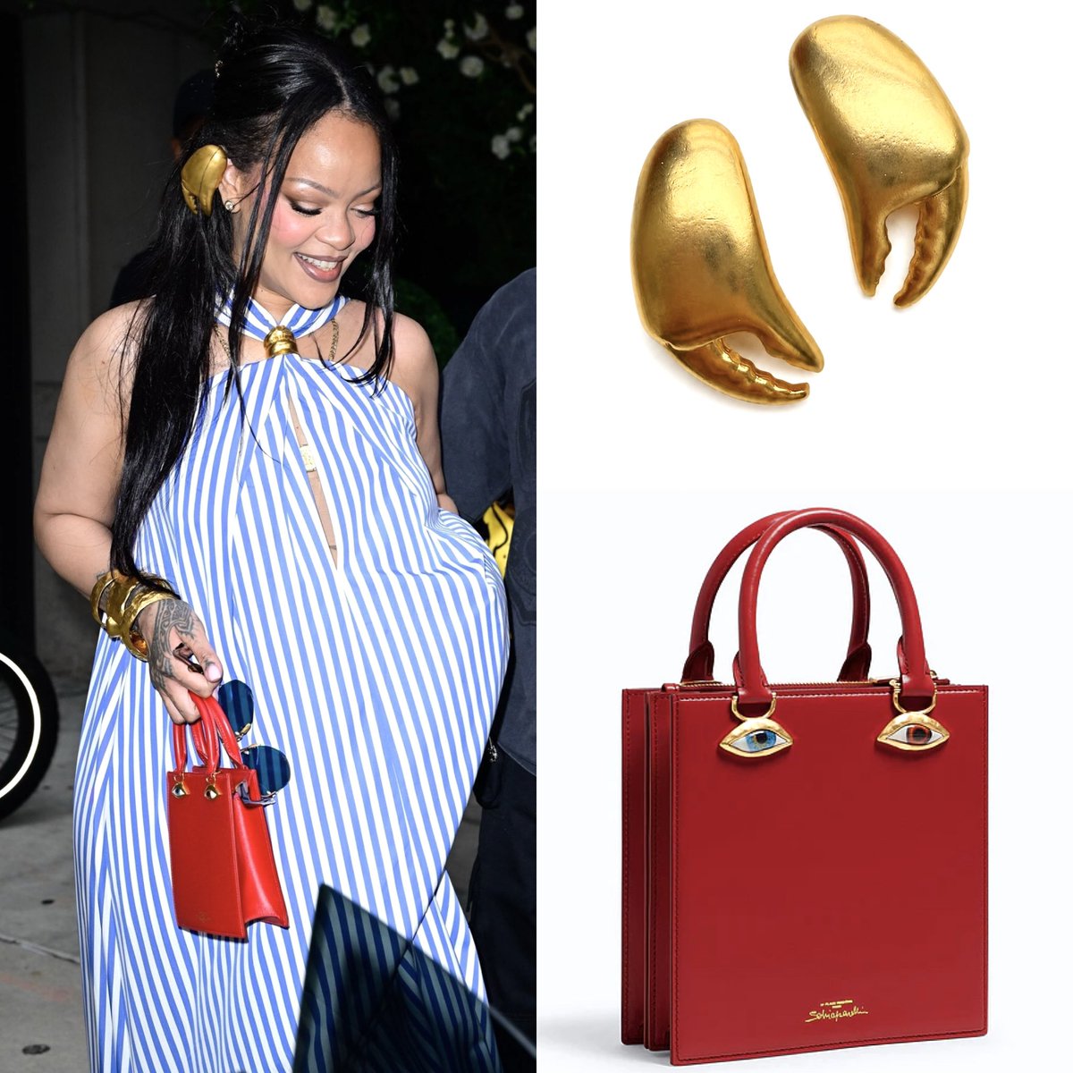 _Kyra's tweet photo. Rihanna’s accessories in New York yesterday included @Schiaparelli’s Gold-Toned Crab Leg Earrings and $6,500 Mini Sac Face Bag. https://t.co/OzSaNbjYbW