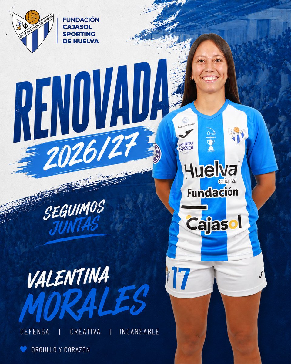 sportinghuelva's tweet photo. 🔵⚪️ 𝗩𝗮𝗹𝗲𝗻𝘁𝗶𝗻𝗮 𝗠𝗼𝗿𝗮𝗹𝗲𝘀 seguirá defendiendo nuestros colores en la temporada 2026/27.

La defensa, máxima protagonista en minutos la pasada campaña y autora de 2 goles, continuará formando parte de nuestro proyecto.

📰 https://t.co/iP2cW4AaEc

#SeguimosJuntas https://t.co/tjxYgqUxvB