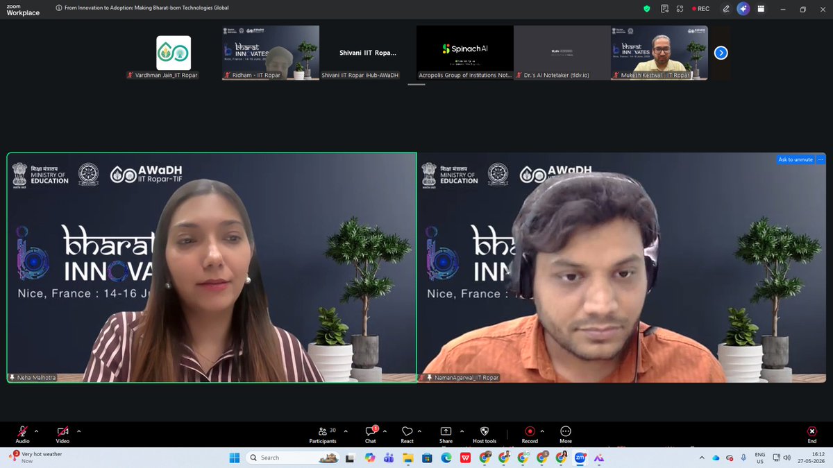 iNamanModi's tweet photo. Moderated sessions alongside @mukeshkestwal @AWaDH_IITRopar @RadhikaTrikha with Neha Malhotra from @MerianVentures &amp; @arpiit from @BlumeVentures as part of @BharatInnov2026 a national @EduMinOfIndia initiative  global showcase in #Nice, #France

Read More:https://t.co/qiwSHSWtnb https://t.co/NuxIYMaGgY