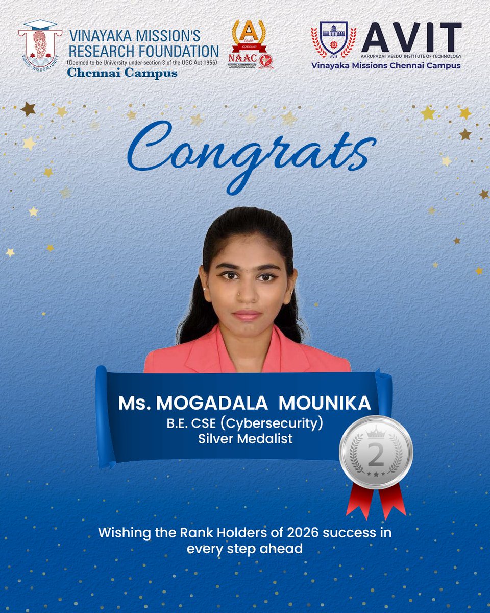 AVITChennai's tweet photo. Congratulations to the rank holders on this remarkable achievement
#avit #vmrfdu #cse #cybersecurity #convocation #silvermedalist https://t.co/StMGTO2q93