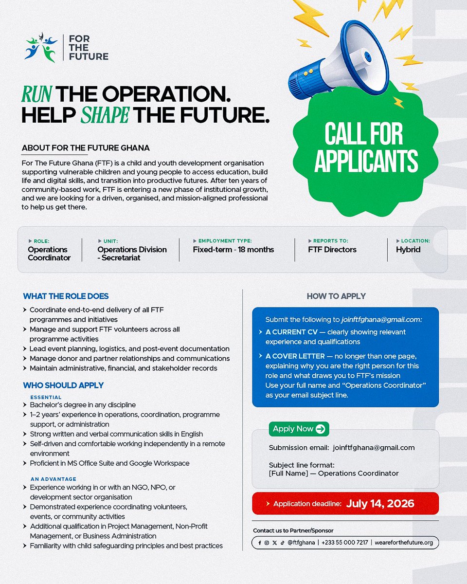 FTFGhana's tweet photo. We’re hiring! 🚨 
Run the operations. Help shape the future. ✨

For The Future Ghana is looking for a driven Operations Coordinator (18-month fixed-term, hybrid) to help manage our programs &amp; support underprivileged youth, families and communities.

1/2. https://t.co/VPbN2oCRyh