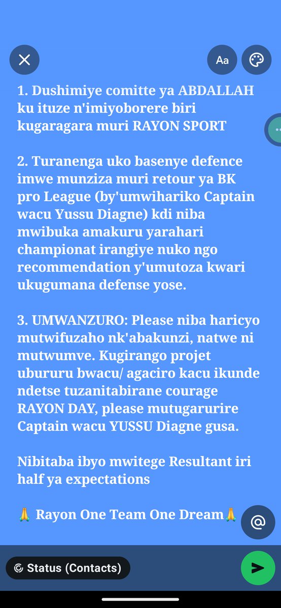 CecekaWikorere's tweet photo. 1. Dushimiye comitte ya ABDALLAH ku ituze n'imiyoborere biri kugaragara muri RAYON SPORT
 
Turifuza ko mutugarurira Captain wacu YUSSU Diagne gusa.

Nibitaba ibyo mwitege Resultant iri half ya expectations @rayon_sports @AbdallahMurenzi
 @ 🙏 Rayon One Team One Dream🙏 https://t.co/UuAOLFZtih