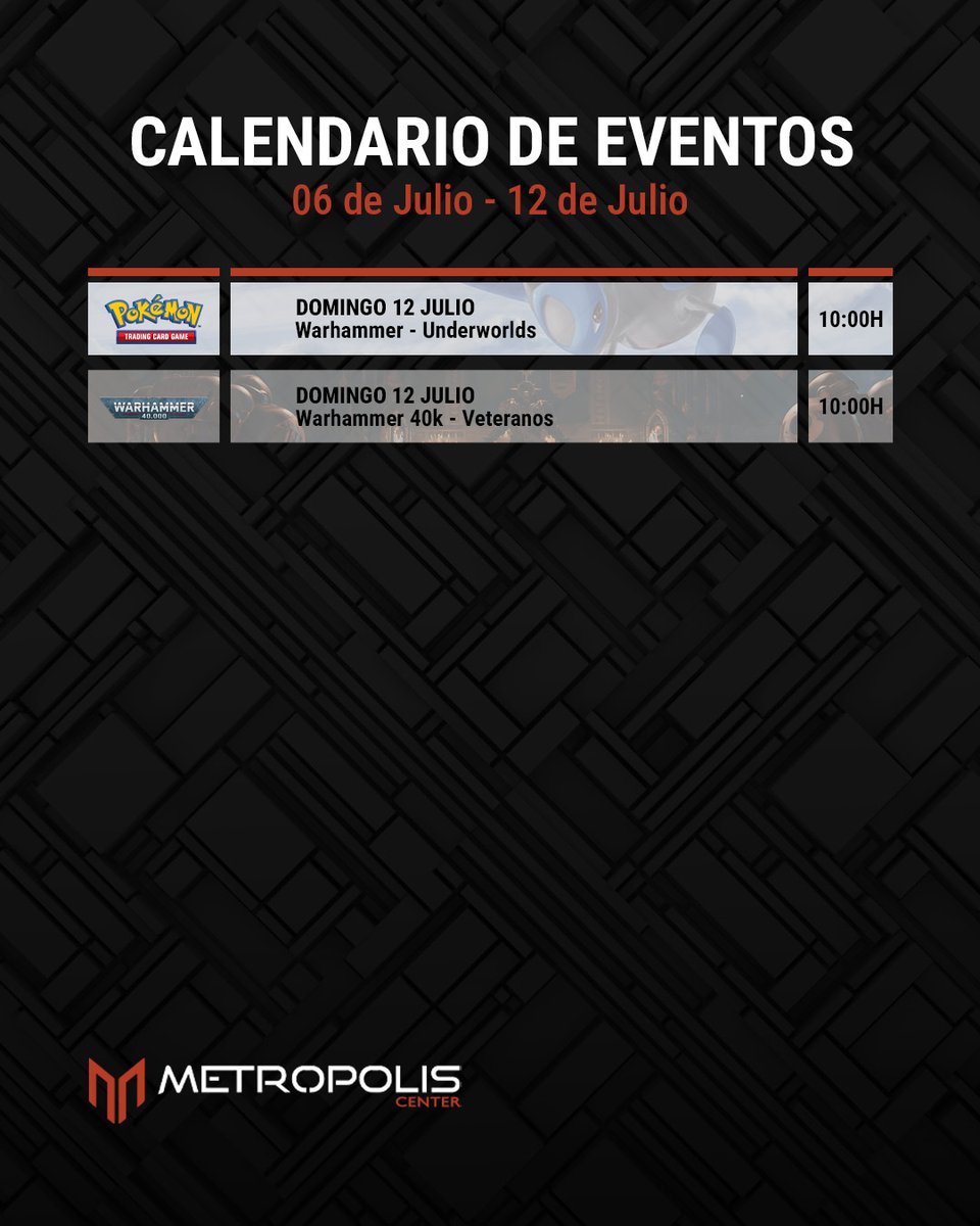 MetropolisCnter's tweet photo. 📅 Aquí tenéis el calendario de eventos semanal de #metropoliscenter
➡️ Desde eventos para principiantes hasta eventos claramente competitivos, donde destacamos la última jornada de presentación de Oscuridad Absoluta de Pokémon TCG, nuestros torneos de warhammer, las ligas de Pokémon y Magic, o la presentación de Cenizas del Imperio de Star Wars Unlimited.
📱 Más información e inscripciones en https://t.co/9gXUx48AhN
#tcg #pokemon #yugioh #magicthegathering