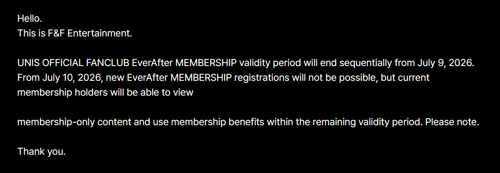 foreverUNIS's tweet photo. The validity period of UNIS OFFICIAL FANCLUB EverAfter MEMBERSHIP will be terminated starting from July 9, 2026. https://t.co/TWPSaGy3tl