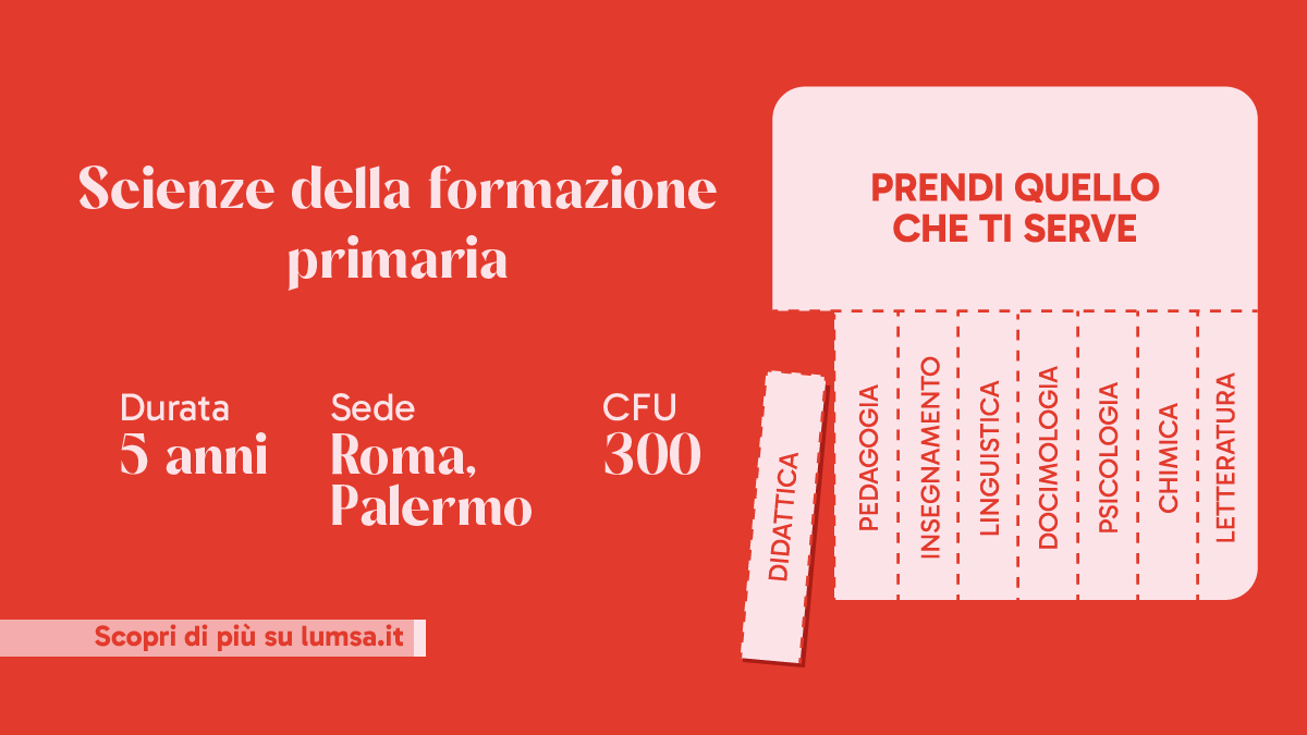 UniLUMSA's tweet photo. Il corso di laurea magistrale a ciclo unico in Scienze della formazione primaria è progettato per darti "quello che ti serve" per diventare un punto di riferimento nella crescita dei più piccoli, unendo allo studio delle materie di base le più recenti metodologie educative. Il percorso offre un'abilitazione immediata: avrai la possibilità di diventare insegnante qualificato per due diversi ordini di scuola (infanzia e primaria). Info e bando: https://t.co/eXVOH5wy1W