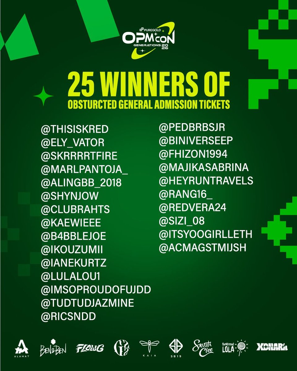 Puregold_PH's tweet photo. Samahan nyo kami sa OPM Con Generations 2026! 💚

Ito na ang lucky winners ng General Admission and Obstructed General Admission tickets for July 11!

Congratulations and see you at the Araneta Coliseum! 😗

#PuregoldOPMConGenerations2026 #AlwaysPanalo https://t.co/xXaIxHterg