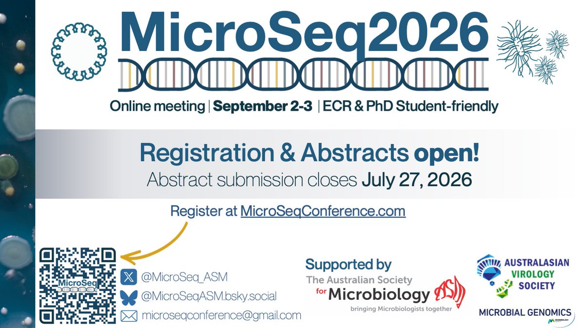 Microseq_ASM's tweet photo. 🚨Abstract submission &amp; registration for #MicroSeq2026 is OPEN! 🚨Get in quick! The first 50 registrations are FREE for PhD students and ECRs who are current ASM members, thanks to @AUSSOCMIC. Register now 👇
https://t.co/I67dCuSRMT https://t.co/OjgLwlow9t