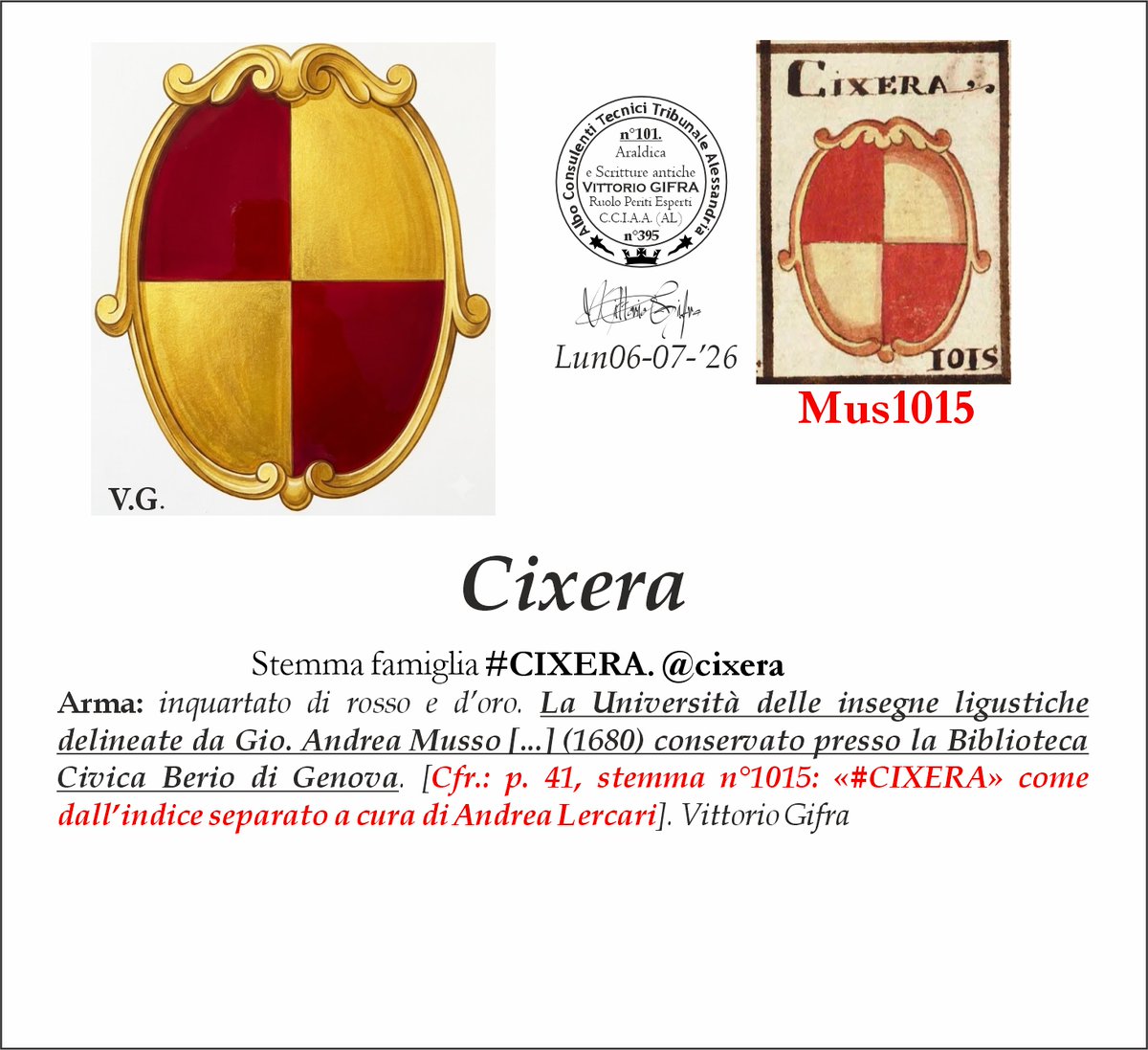 VGIFRA's tweet photo. Stemma famiglia #CIXERA. @cixera
Arma: inquartato di rosso e d’oro. La Università delle insegne ligustiche delineate da Gio. Andrea Musso [...] (1680) conservato presso la Biblioteca Civica Berio di Genova. [Cfr.: p. 41, stemma n°1015: «#CIXERA» come dall’indice separato a cura di Andrea Lercari]. Vittorio Gifra