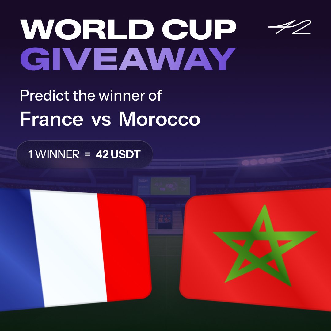 42space's tweet photo. WORLD CUP GIVEAWAY

France vs Morocco, who's winning?
42 USDT to one lucky follower who calls it right.

To enter:
→ Follow @42space
→ Reply with your pick and tag 1 friend

Winner drawn from the correct calls. Locks at kickoff. ⏳ https://t.co/J1JrkIvC86