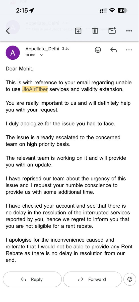 mohit4744's tweet photo. @JioCare How the hell does @JioCare operate? SR0000398059: AirFiber dead from 23 June, restored only on 3 July — 11 days with zero internet — and you're telling me there's "NO DELAY in resolution" and no rebate? Your own appellate admitted the ticket was kept "on hold." @reliancejio https://t.co/hFK4dLMy1Z