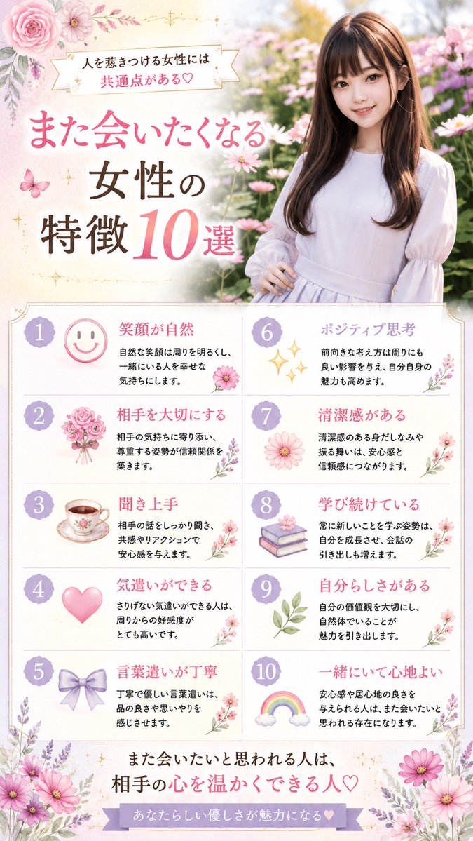 ladyrose752's tweet photo. 【また会いたくなる女性の特徴10選】

また会いたくなる女性は
自然な笑顔😊と思いやり💖が魅力✨
気遣い🤍優しい言葉🌷自分らしさ🌈を
大切にして心地よい存在になろう💕☕ https://t.co/gM6C0rVDnR