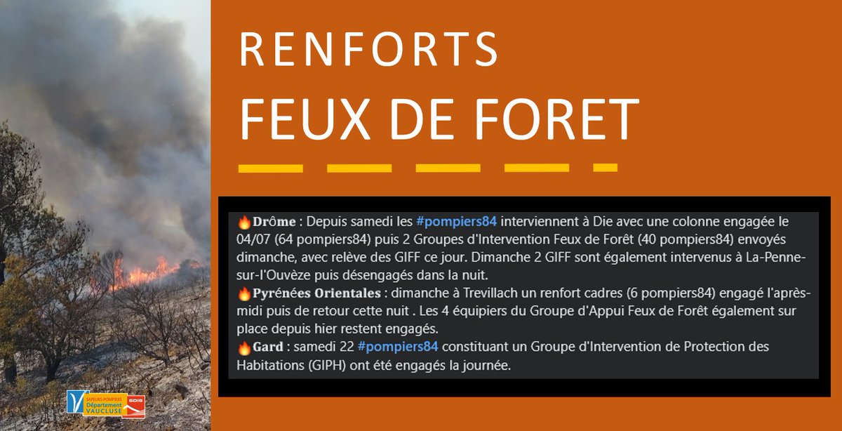 sdis84's tweet photo. Les #pompiers84 envoyés en #renfort #FeuxDeForet🔥🌲 dans la Drôme (26), les Pyrénées-Orientales (66) et le Gard (30) ce week-end : détails dans le visuel ⤵️
#entraide #solidarité #InterServices #ForceDesSecours https://t.co/MxwnmWC2q6