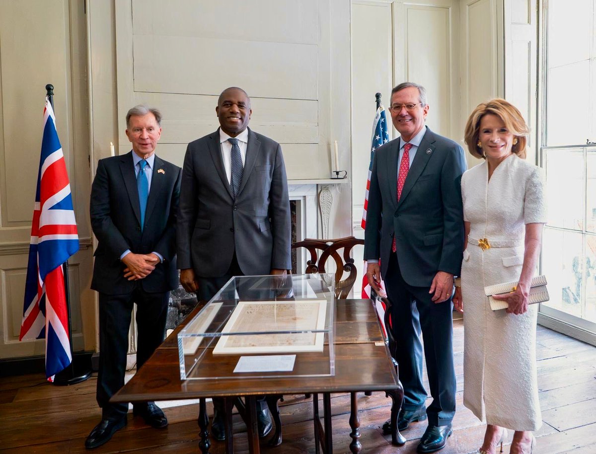 USAmbUK's tweet photo. Last week in celebration of the 250th anniversary of the signing of the Declaration of Independence, Harriet and I joined Deputy Prime Minister @DavidLammy to reaffirm the enduring bond between the U.S. and UK in the historic setting of the Benjamin Franklin House, @BFHouse. Few nations share a partnership like ours, rooted in history, strengthened by shared values, and committed to advancing freedom, security, and prosperity together for generations to come. Thanks to John Studzinski for hosting us.