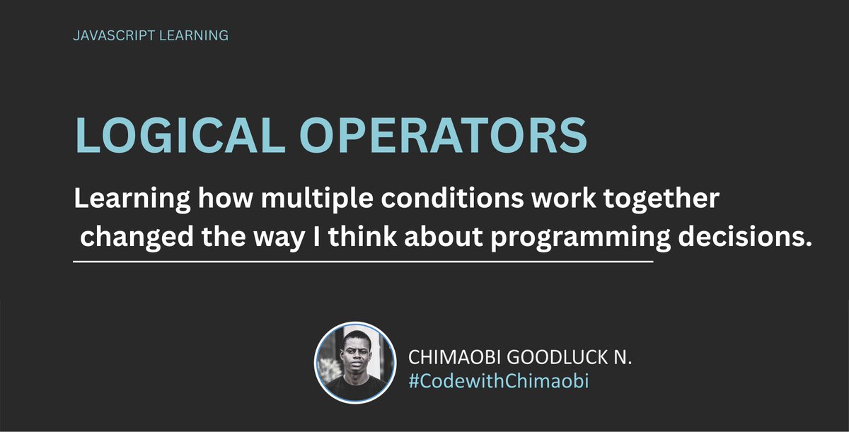 Chimaobi_GN's tweet photo. Today I learned that JavaScript doesn't just compare values, it can combine multiple conditions to make better decisions.

Logical operators made programming feel less like memorizing syntax and more like understanding how applications think.

#CodeWithChimaobi #LogicalOperators https://t.co/RBX9FA64u5