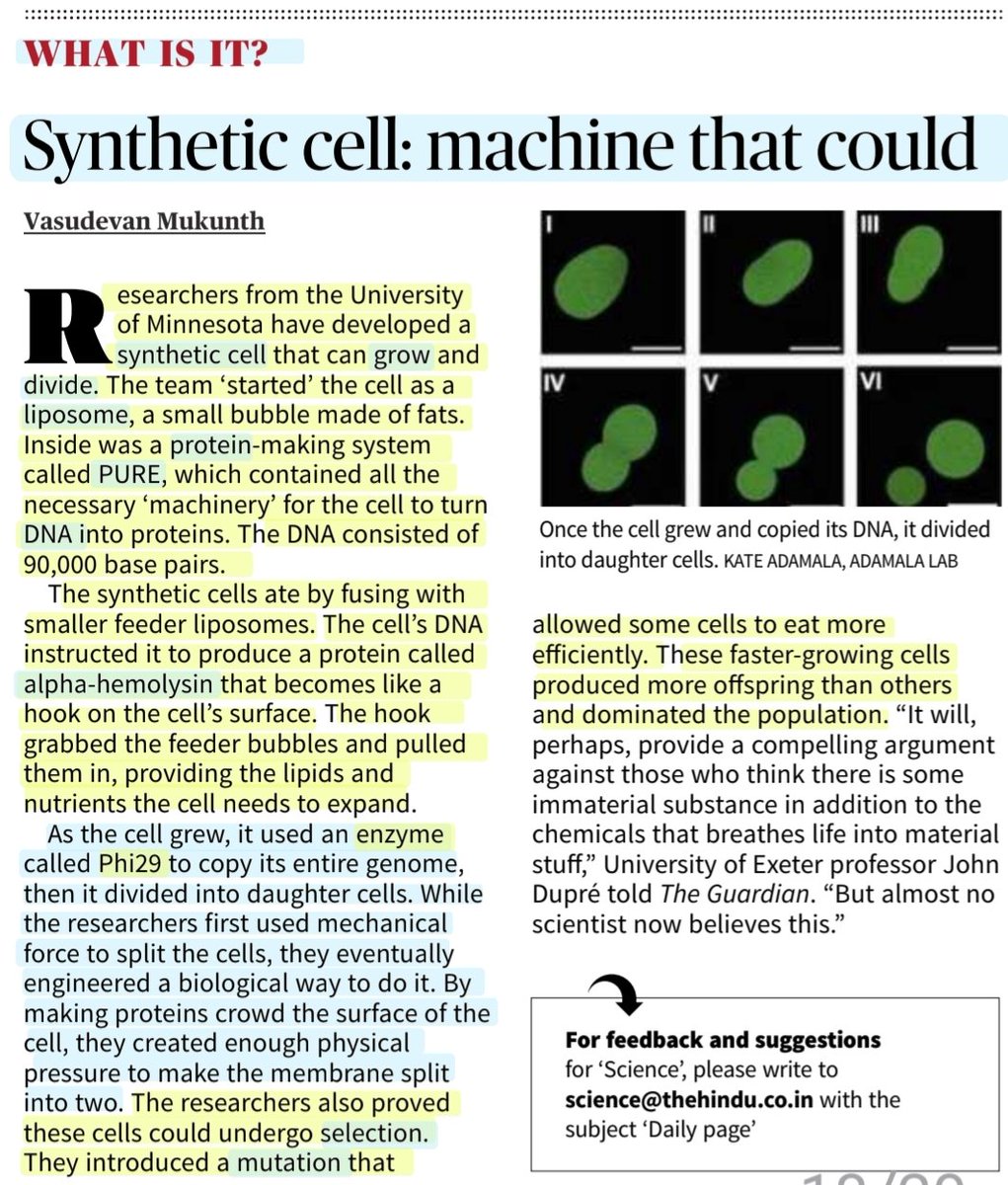 imRavikantYadav's tweet photo. Synthetic Cell: Machine that could
What is it?
:Explained by Sh Vasudevan Mukunth
#SyntheticCell
#Grow #Divide
#Liposome
#Protein #PURE
#DNA #AlphaHemolysin
#Enzyme #Phi29
#Selection #Mutation
#UPSC
Source: TH https://t.co/q89SthV723