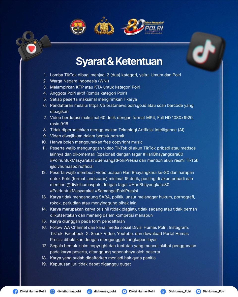 Resjakbar's tweet photo. Halo, Sobat Kreatif! Dalam rangka menyambut Hari Bhayangkara ke-80, Kepolisian Negara Republik Indonesia (Polri) mengajak kita semua untuk berpartisipasi dalam Lomba Video TikTok yang sangat menarik. https://t.co/qrydSOpgET