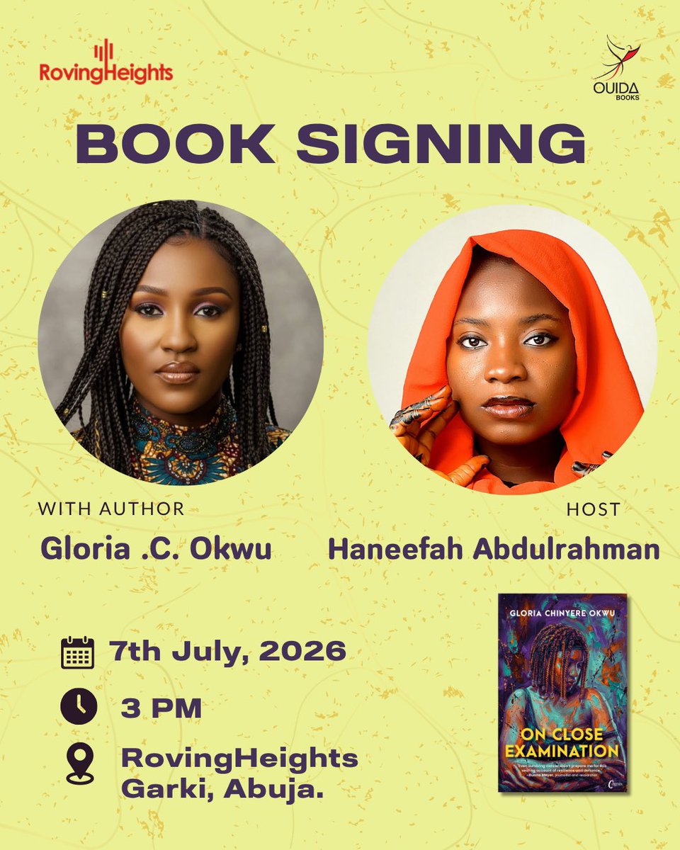 OuidaBooks's tweet photo. You’re Invited!
Join us this Tuesday at 3 PM at Rovingheights for an intimate conversation and book signing of On Close Examination by Gloria Chinyere Okwu @Andronika_1 moderated by Haneefa  .
Come for the conversation. Leave with a signed copy.
#booksigning #oncloseexamination https://t.co/utwLoDdwJI