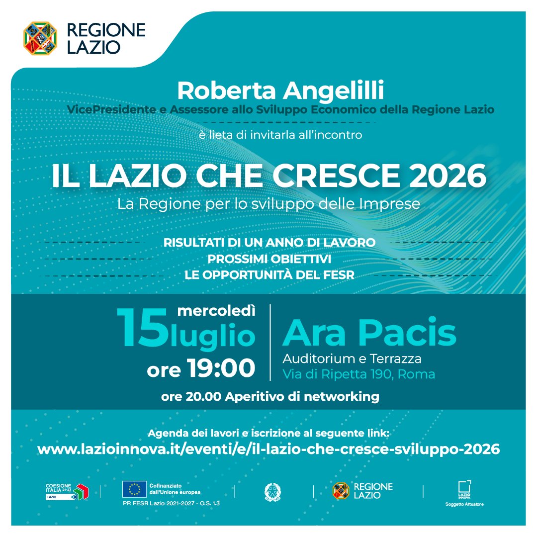 LazioInnova's tweet photo. 🔵 IL LAZIO CHE CRESCE 2026
Un appuntamento dedicato a imprese, stakeholder e cittadini per raccontare i risultati di un anno di lavoro, condividere i prossimi obiettivi e presentare le opportunità del PR FESR Lazio 2021-2027
🔗https://t.co/Ya88agFHtI 
#prfesrlazio https://t.co/CmY8c2w4un