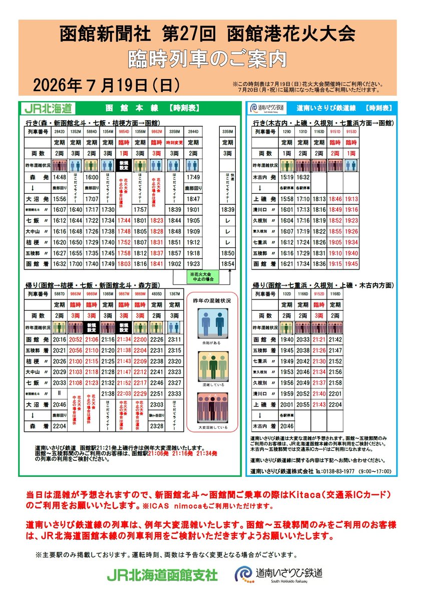 hitca_official's tweet photo. 2026年7月19日（日）函館新聞社 第27回 函館港花火大会 臨時列車のご案内です。

函館新聞社 函館港花火大会に伴い列車を増便して運行します！ / JR北海道函館支社
https://t.co/a74CUQ4Klv

#函館・みなみ北海道観光ガイド #函館 #みなみ北海道 #観光 https://t.co/Ey2IOcTDlp