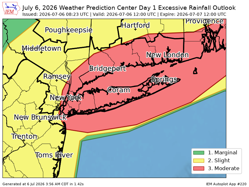 WCCH2024's tweet photo. WPC issues Day 1 Moderate Risk Excessive Rainfall Outlook at Jul 6, 8:23z for OKX https://t.co/89B8YI71nA https://t.co/ofmSu7fIuI