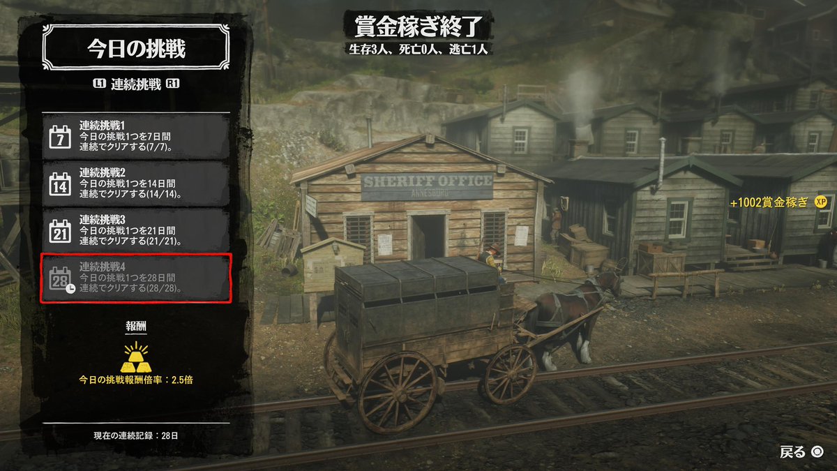 Lovemofucat2's tweet photo. 今日も今日とて
今日の挑戦
連続挑戦28日達成🎉
#RedDeadRedemption2
#RedDeadOnline
#RDR2
#RDO
#RDOnline
#RDオンライン
#RockstarGames https://t.co/b4qzZ2pCUy