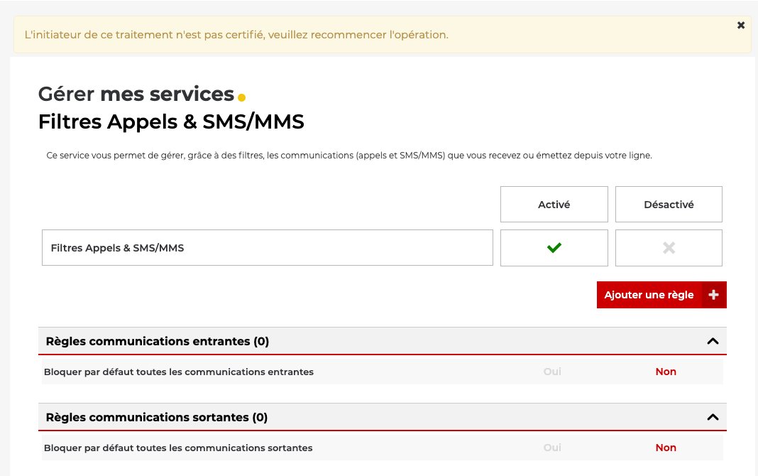 jonatharnaud's tweet photo. Il n'est plus possible de configurer le filtrage des appels sur l'espace client @freemobile. "L'initiateur de ce traitement n'est pas certifié, veuillez recommencer l'opération." @TiinoX83 https://t.co/JsH9QpjR7n