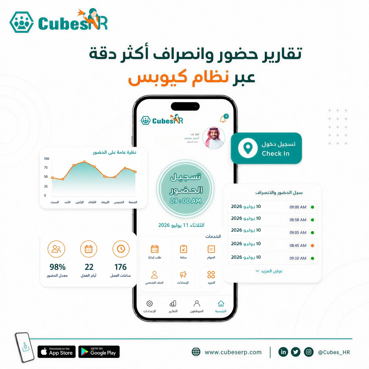 CubesERPSys's tweet photo. مع Cubes HR تقدر:
✅ تتابع الحضور والانصراف لحظيًا
✅ تحتسب ساعات العمل والتأخير تلقائيًا
✅ تستخرج تقارير دقيقة بضغطة زر
✅ تدعم احتساب الرواتب بسهولة
📲 حمّل التطبيق الآن:
🌐 https://t.co/QNB7bSgTwa
#CubesHR #HR #الحضور_والانصراف #نظام_الموارد_البشرية #ERP #السعودية https://t.co/Tg8udm2p5z