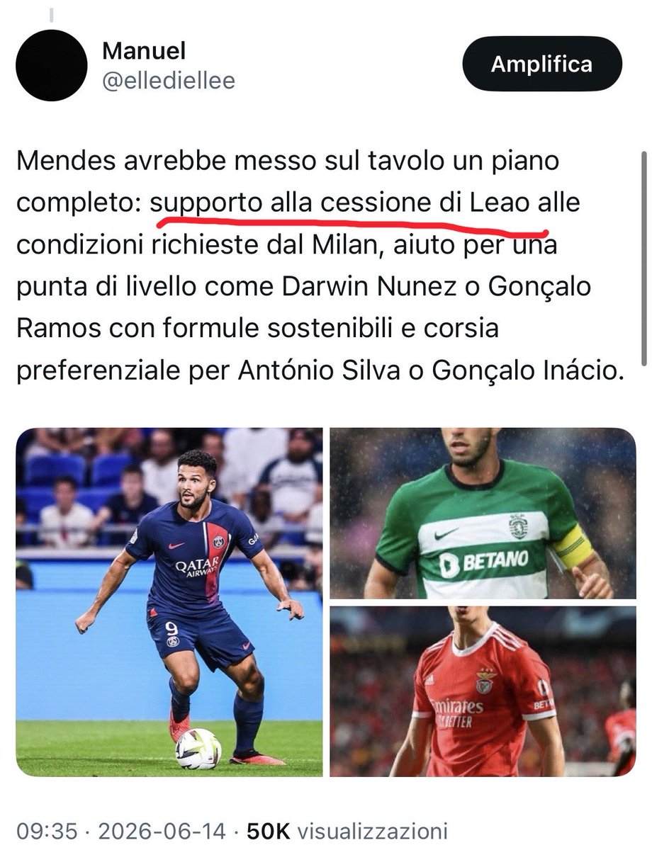 ellediellee's tweet photo. 14 giugno vi parlai di quanto Mendes sarebbe stato influente in ottica Milan con l’arrivo di Amorim. 

Me ne inventavo proprio delle belle https://t.co/4T4psdgIaC