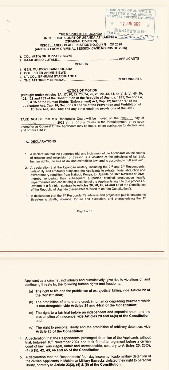 kiizaeron's tweet photo. ‼️ The officers who abducted Besigye — and a witness lined up to testify against him — have themselves been detained over the fabrication of intelligence, and now face the Court Martial.

📌 Former Chief of Military Intelligence (CMI) Major General James Birungi — one of the witnesses Museveni and Muhoozi intend to line up against Besigye — together with two of the officers who abducted @kizzabesigye1 and Hajji Obeid Lutale from Nairobi on 16 November 2024, were arrested and detained at Makindye Military Police Prison on Friday, 29 August 2025.

📌 Gen. Birungi was detained alongside two of his close deputies and former staff: Colonel Peter Ahimbisibwe (then Director of Counter-Terrorism) and Lieutenant Colonel Ephraim Byaruhanga (Director of Special Operations).

📌 The trio now face trial before the General Court Martial on grave charges — treason, corruption, terrorism and murder.

📌 Their detention stemmed from a high-level probe led by Lt. Gen. Sam Okiding, which is said to have uncovered widespread internal misconduct within Uganda Peoples’ Defence Forces (UPDF) intelligence operations.

📌 They are accused of fabricating terror alerts and falsifying intelligence briefings, including deliberately manipulated threat reports. Among these was a 2023 episode in which they falsely confirmed the death of Allied Democratic Forces (ADF) bomb-maker Meddie Nkalubo in an airstrike — when he was in fact alive and still active.

📌 They are further accused of misusing resources: an audit is said to have revealed deep-rooted financial irregularities and the misappropriation of military funds.

📌 The irony is unmissable. Two of these men — Colonel Ahimbisibwe and Lieutenant Colonel Byaruhanga — are the very 2nd and 3rd Respondents Besigye and Lutale have already sued in Miscellaneous Application No. 0227 of 2026, before the High Court of Uganda (Criminal Division), alongside Gen. Muhoozi Kainerugaba, to challenge their abduction, the abuse of power, and Muhoozi’s public death threats against Besigye.

📌 That application asks the Court to confront what the Constitution does not permit: the abduction of two civilians from Nairobi, their incommunicado detention in a military barracks not gazetted to hold civilians, the denial of access to lawyers, family and doctors, and a pattern of public threats to their lives as they face capital charges.

📌 Besigye and Lutale ask the Court to declare these violations, nullify the tainted proceedings, and order their unconditional release.

📌 The rule of law is not a favour the State grants. It is a duty the Constitution imposes.

#Besigye #RuleOfLaw #HumanRights #Uganda