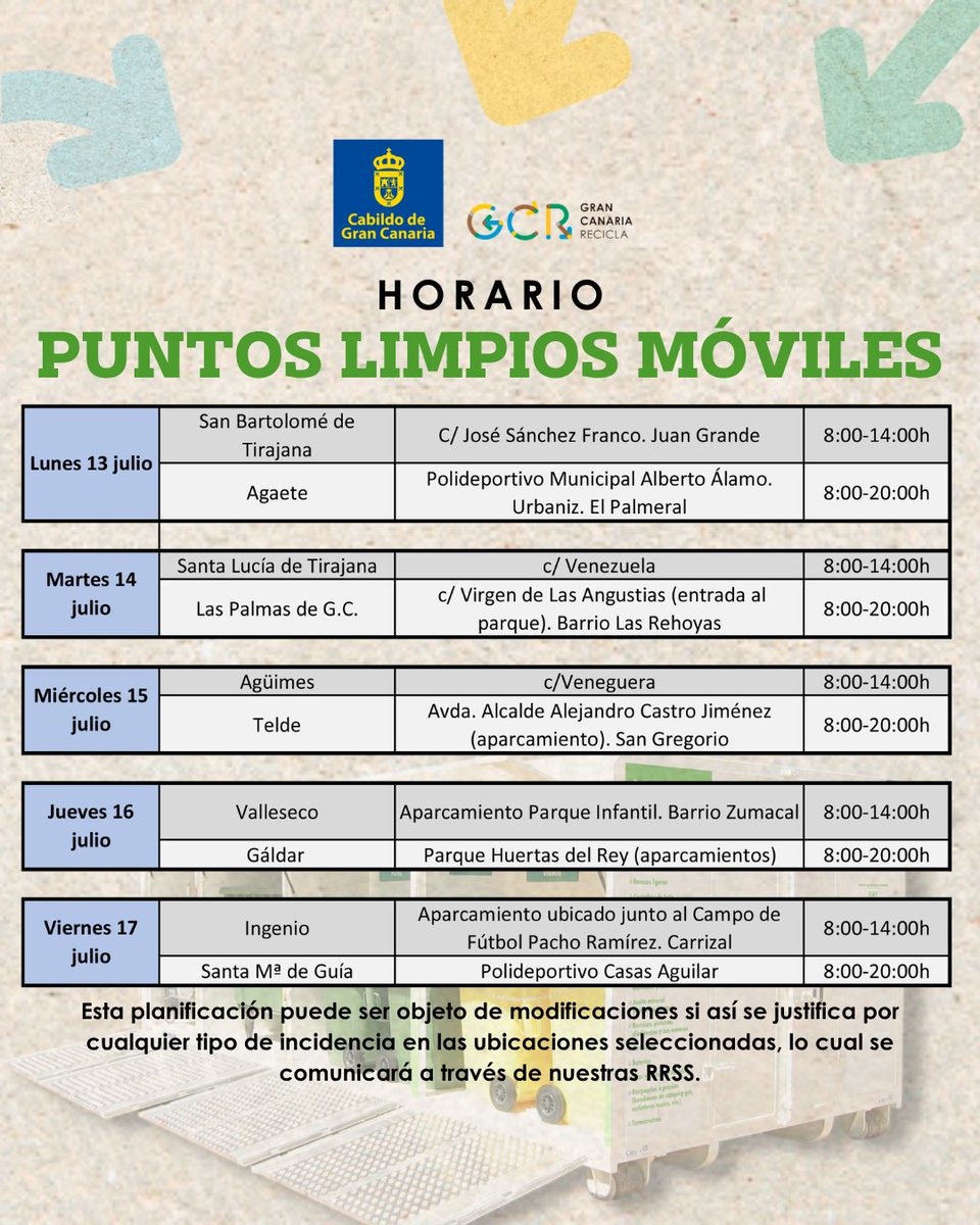 GC_Recicla's tweet photo. 📷Compartimos los horarios y ubicaciones de los #puntoslimpios Móviles durante la tercera semana de julio.
@GranCanariaCab
@GranCanaria_M_A
#GCrecicla https://t.co/ywxKDcexVe