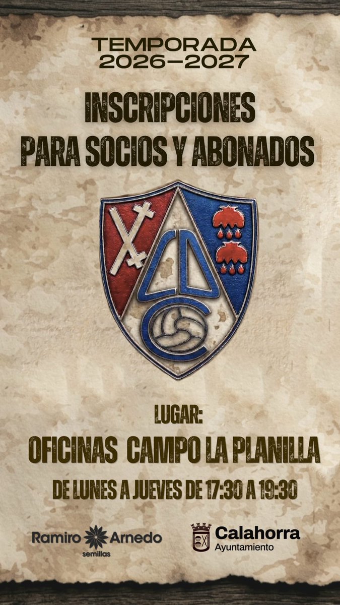 cdcalahorra's tweet photo. ROJILLOS… OS NECESITAMOS!!!

Iniciamos la campaña de abonados para esta temporada 26/27.

📅 Lunes a viernes

⏰ 17:30 a 19:30

📍Estadio La Planilla https://t.co/u7H50iUTPE