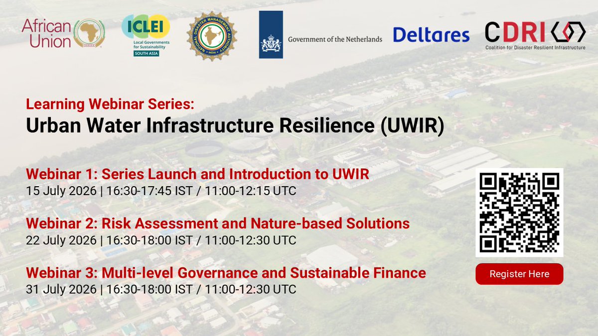 cdri_world's tweet photo. 🌊🏜️ Flooding and water scarcity are increasingly affecting critical infrastructure across #Africa and #SouthAsia.

Join the first webinar in the Urban Water Infrastructure Resilience series, organized by @cdri_world, @MinIenW, @deltares, @_AfricanUnion, @ndmaindia & @ICLEI, to explore solutions, strengthen capacities, and share lessons from the ground.

📅 15 July | 🕟 16:30 IST
🔗 Register: https://t.co/DUx6MyRZy2

#resilientinfrastructure