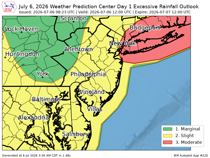 WCCH2024's tweet photo. WPC issues Day 1 Moderate Risk Excessive Rainfall Outlook at Jul 6, 8:23z for PHI https://t.co/89B8YI71nA https://t.co/Tbe43CjfvV