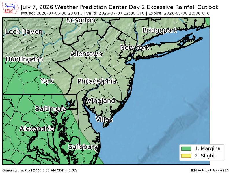 WCCH2024's tweet photo. WPC issues Day 2 Marginal Risk Excessive Rainfall Outlook at Jul 6, 8:23z for PHI https://t.co/89B8YI71nA https://t.co/DEC5DB4mmW